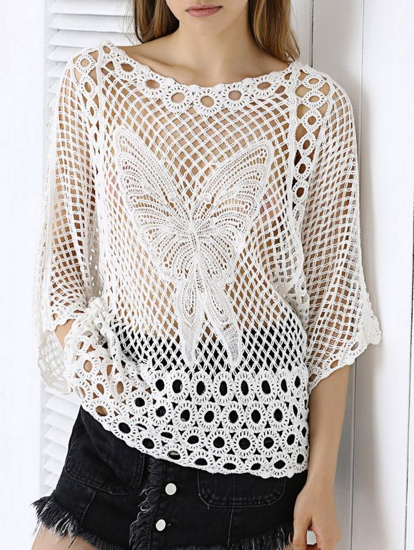 Sweet Butterfly Lace Crochet See-Through Pure Color Blouse - Blanc ONE SIZE