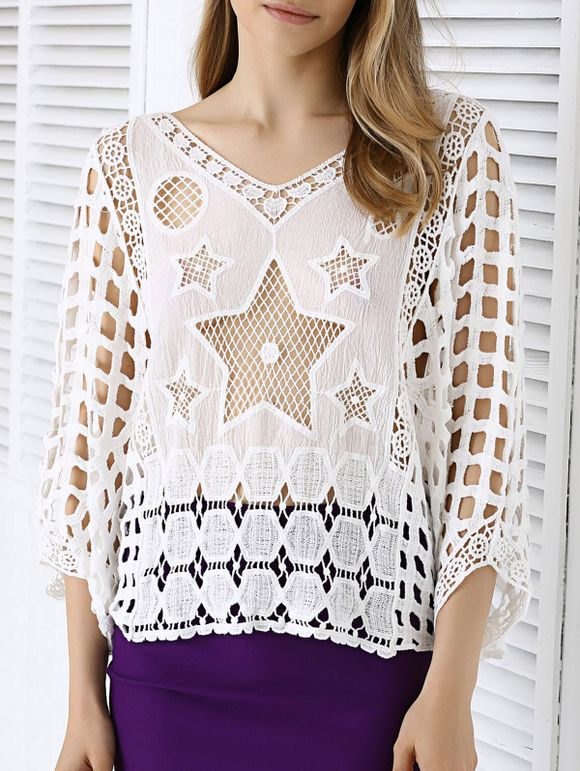 Sweet Star Lace Crochet See-Through Dolman Sleeve Blouse - Blanc ONE SIZE