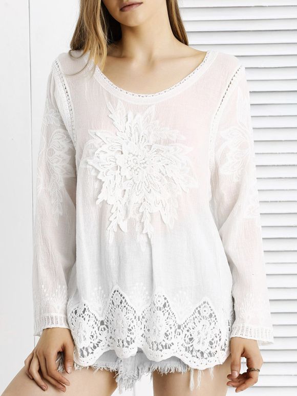 Chic Lace Crochet Garniture Floral festonné Spliced ​​Blouse - Blanc ONE SIZE