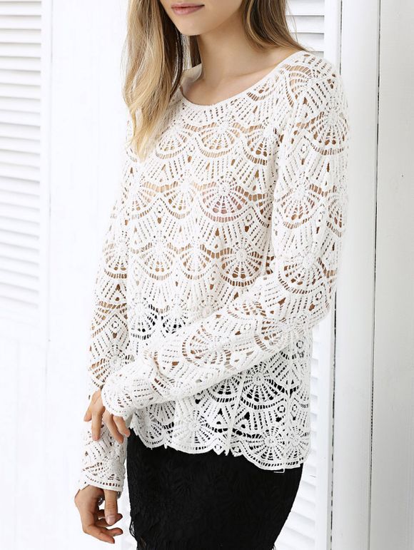 Chic Sclloped Lace Crochet évider Spliced ​​Blouse - Blanc ONE SIZE