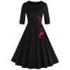 Robe à Broderie Florale à Taille Haute Style Rétro - Noir 2XL