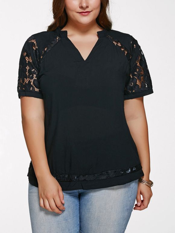 Chic V Neck Lace Splicing Plus Size T-shirt - Noir 5XL