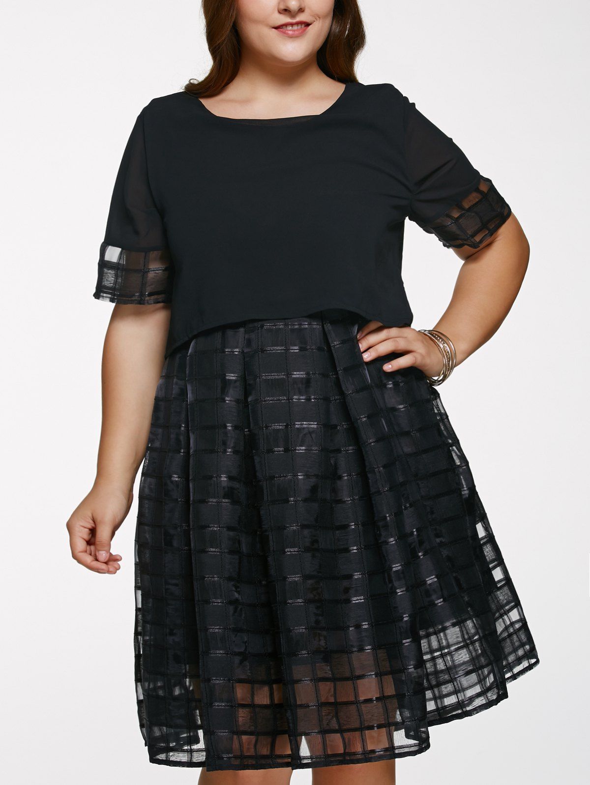 

Scoop Neck Plus Size Ball Gown See-Through Dress, Black