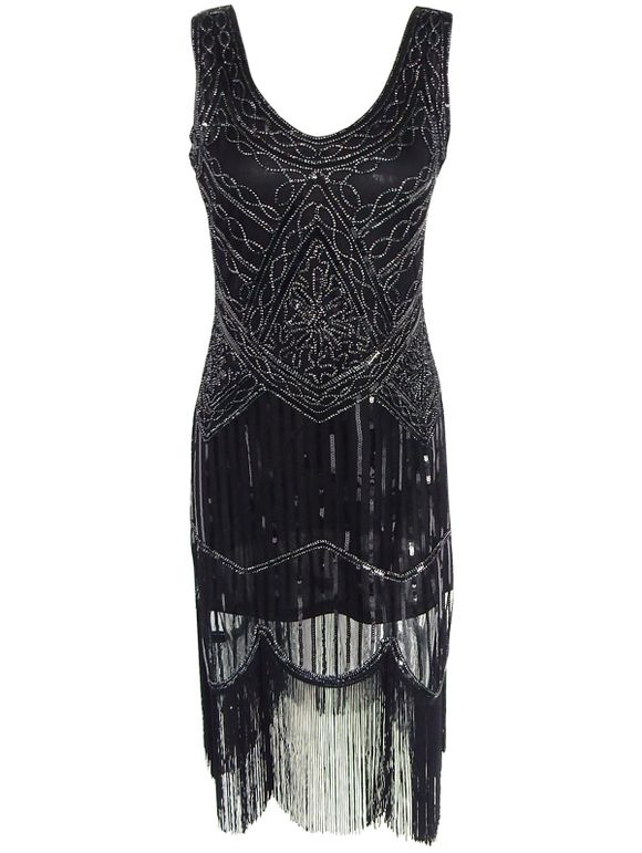 Vintage Beaded Fringed Sequin Flapper Dress - BLACK M