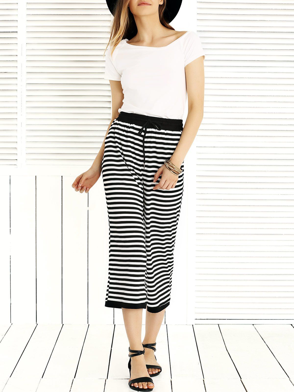 

Chic Solid Color T-Shirt + Drawstring Striped Pants Women's Twinset, White