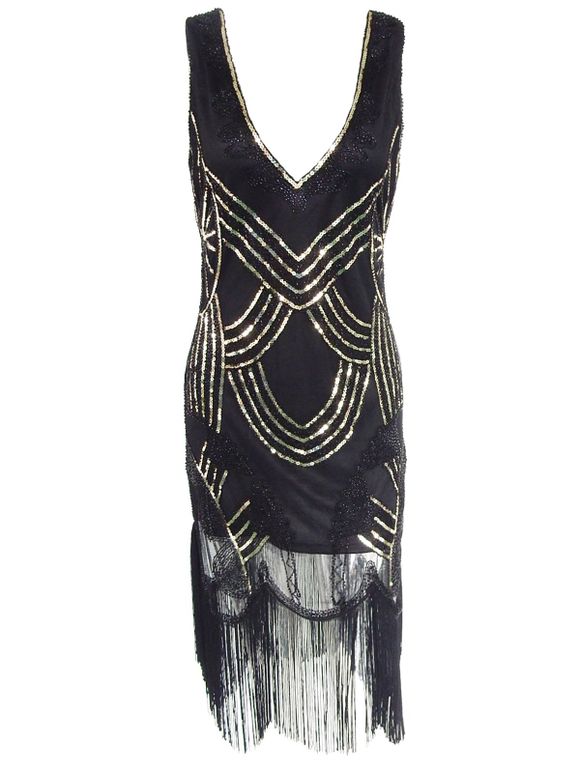 Fashionable Sleeveless Beaded Fringed Dress For Women - Noir XL