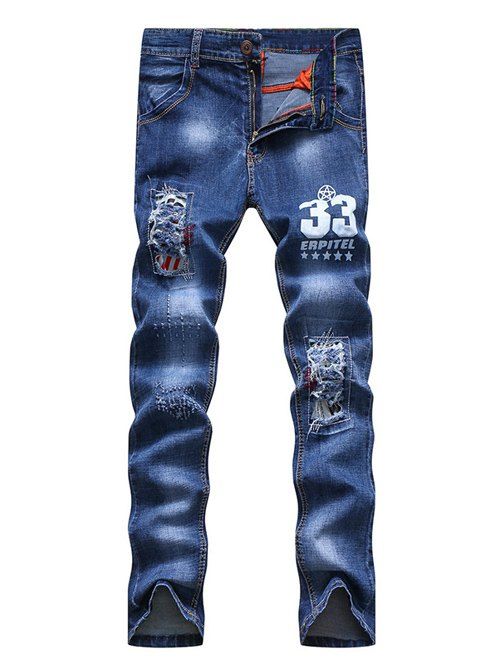 Zipper Nombre Fly Print Patch et des trous de conception étroites Feet Men 's  Jeans - Bleu 33