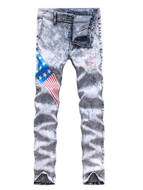 Zipper Fly Star et Stripe Imprimer Holes forme étroite Feet Men 's  Jeans - multicolore 32