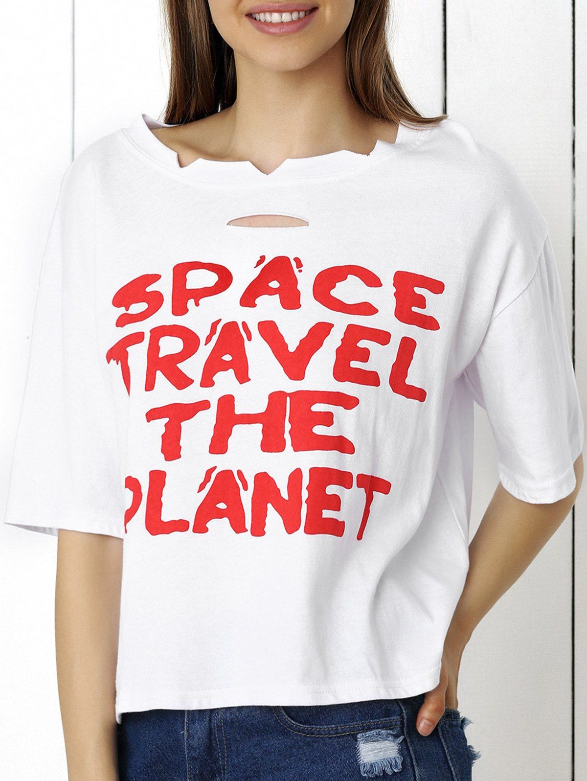

Chic Letter Print Keyhole Women's T-Shirt, White