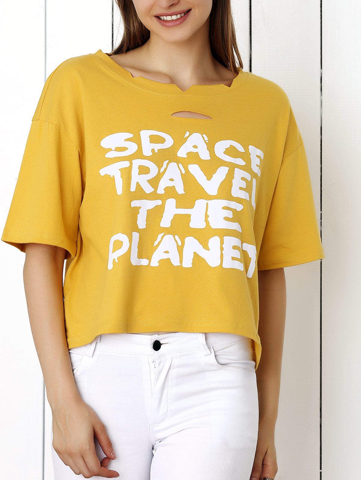 

Chic Letter Print Keyhole Women's T-Shirt, Yellow