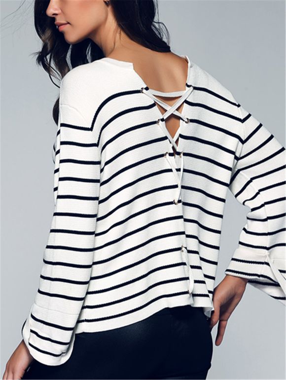 Lace-Up Retour Pull à rayures - Blanc ONE SIZE