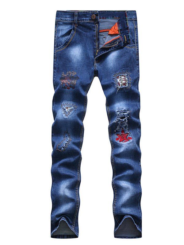 

Zipper Fly Embroidery Patch and Holes Design Narrow Feet Men's Jeans, Blue