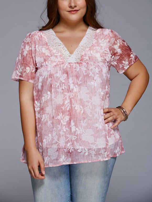 Doux col en V Floral Plus Size T-shirt - Rouge Clair 5XL