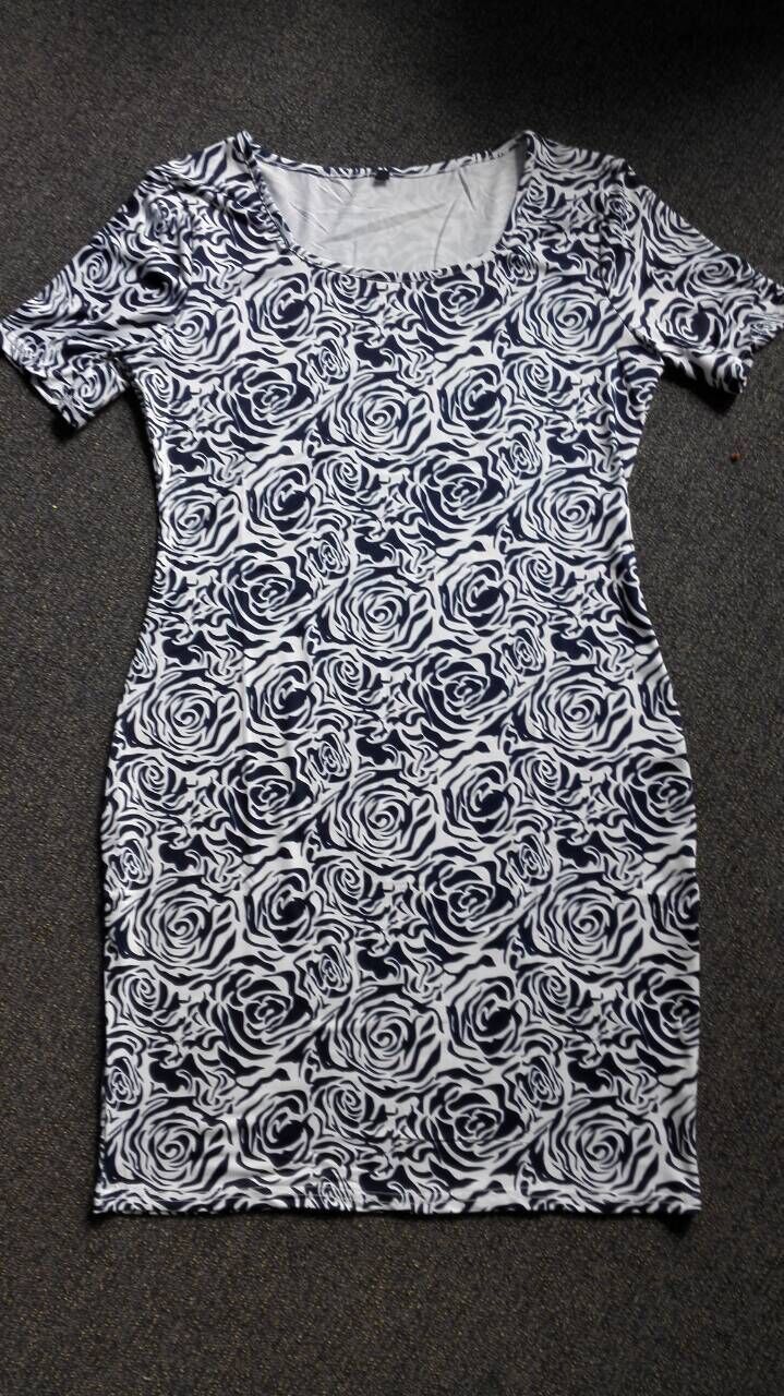 

Charming Short Sleeve Abstract Floral Print Skinny Women's Dress, Deep blue
