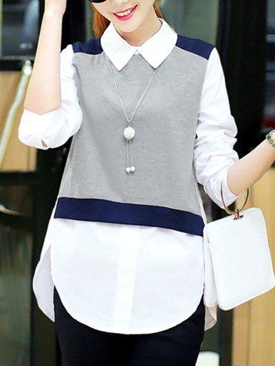 

Trendy Knitted Vest Splicing High Low Furcal Shirt For Women, White