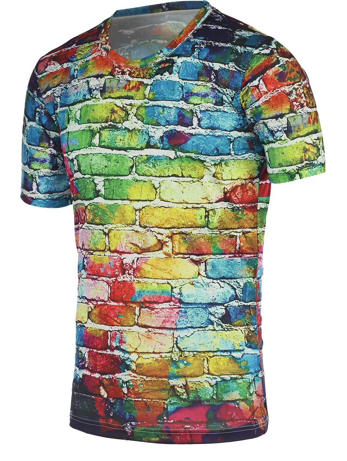 

Colorful Brick Wall Print Round Neck Short Sleeves Tee For Men