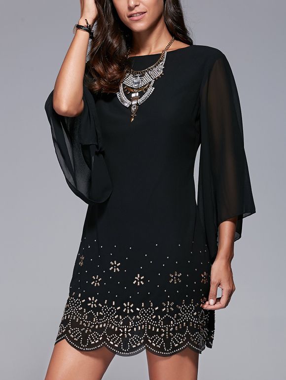 Trendy Long Sleeve Rhinestone Embellish Black Dress - Noir L