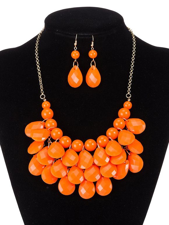 Boucles d'Oreilles et Collier avec Perles en Forme de Gouttes d'Eau - Orange 