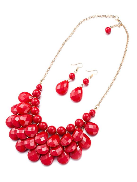 Boucles d'Oreilles et Collier avec Perles en Forme de Gouttes d'Eau - Rouge 