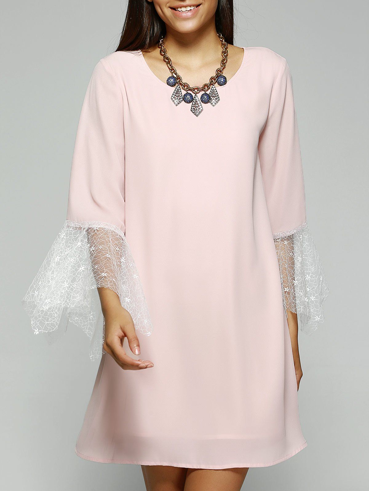 Fashionable Jewel Neck Laced Pink Dress For Women