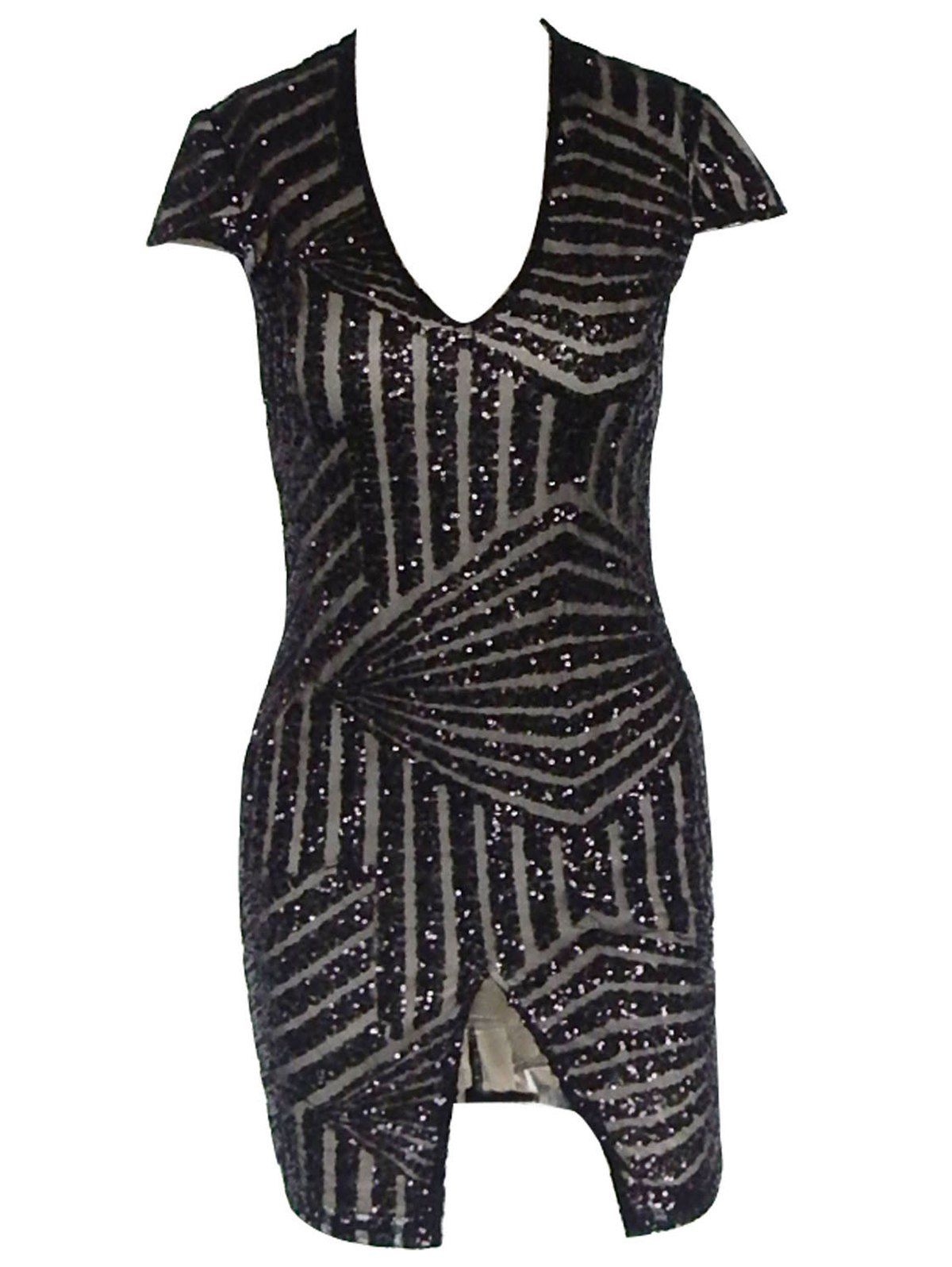 

Low Cut Sequin Mini Bodycon Dress, Black