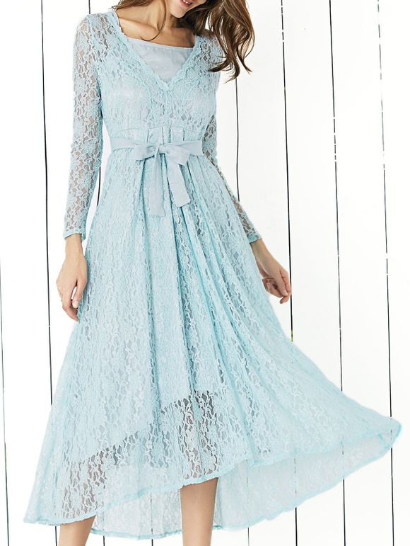 Robe de soirée à la mariée à encolure à manches longues - Bleu XL