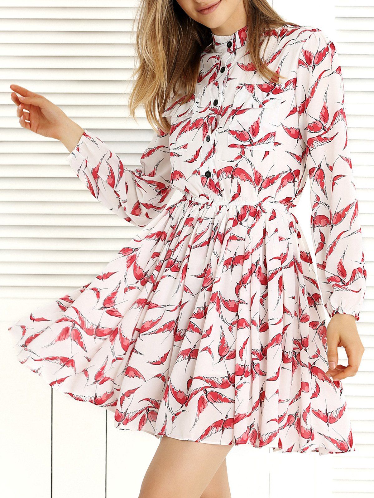 

Long Sleeve Pleated Swing Print Dress, Red with white