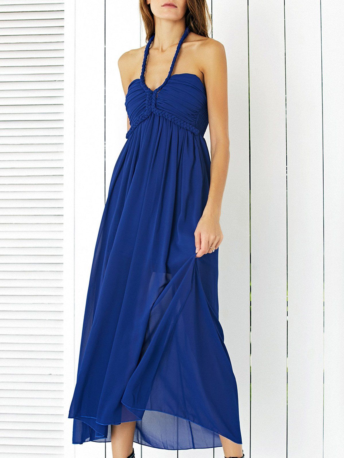 

Charming Braid Halter Shirred Maxi Dress For Women, Blue