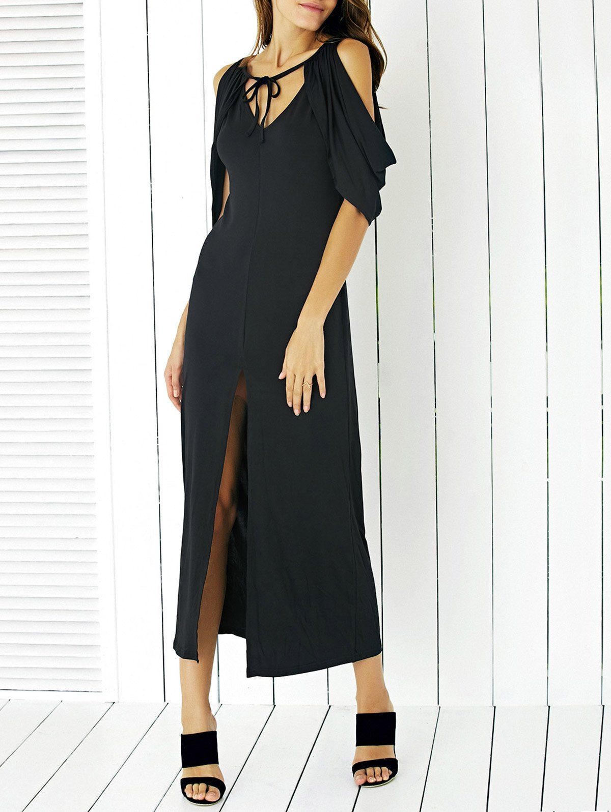 

Graceful Self-Tie Bowknot Cold Shoulder Slit Front Dress For Women, Black