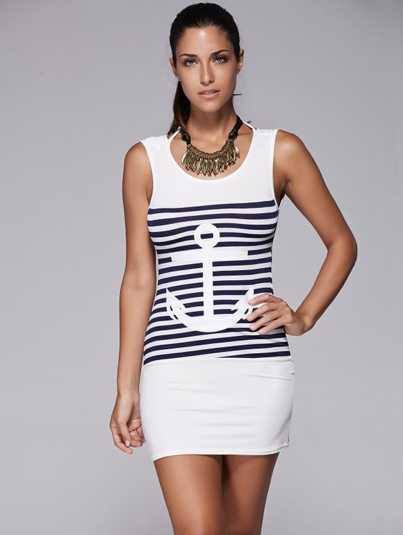 Casual Scoop Collar Anchor Pattern Striped Women's Dress - Blanc S