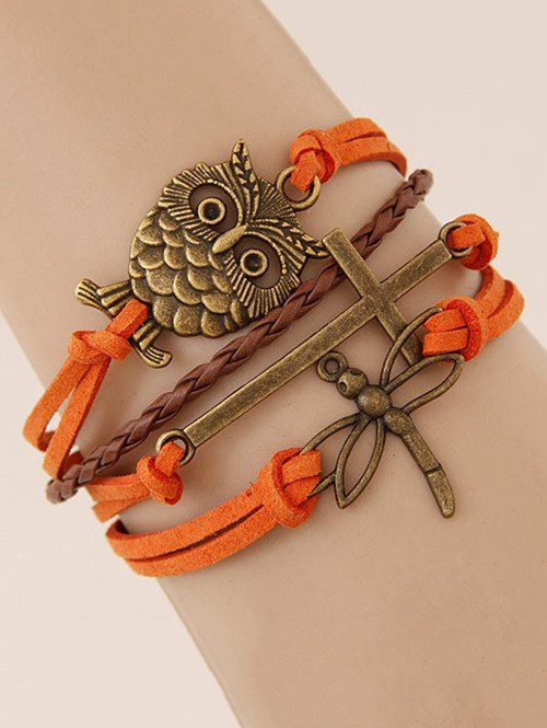 Bracelet en crochet avec décoration en forme d'hibou et de libellule - Tangerine 