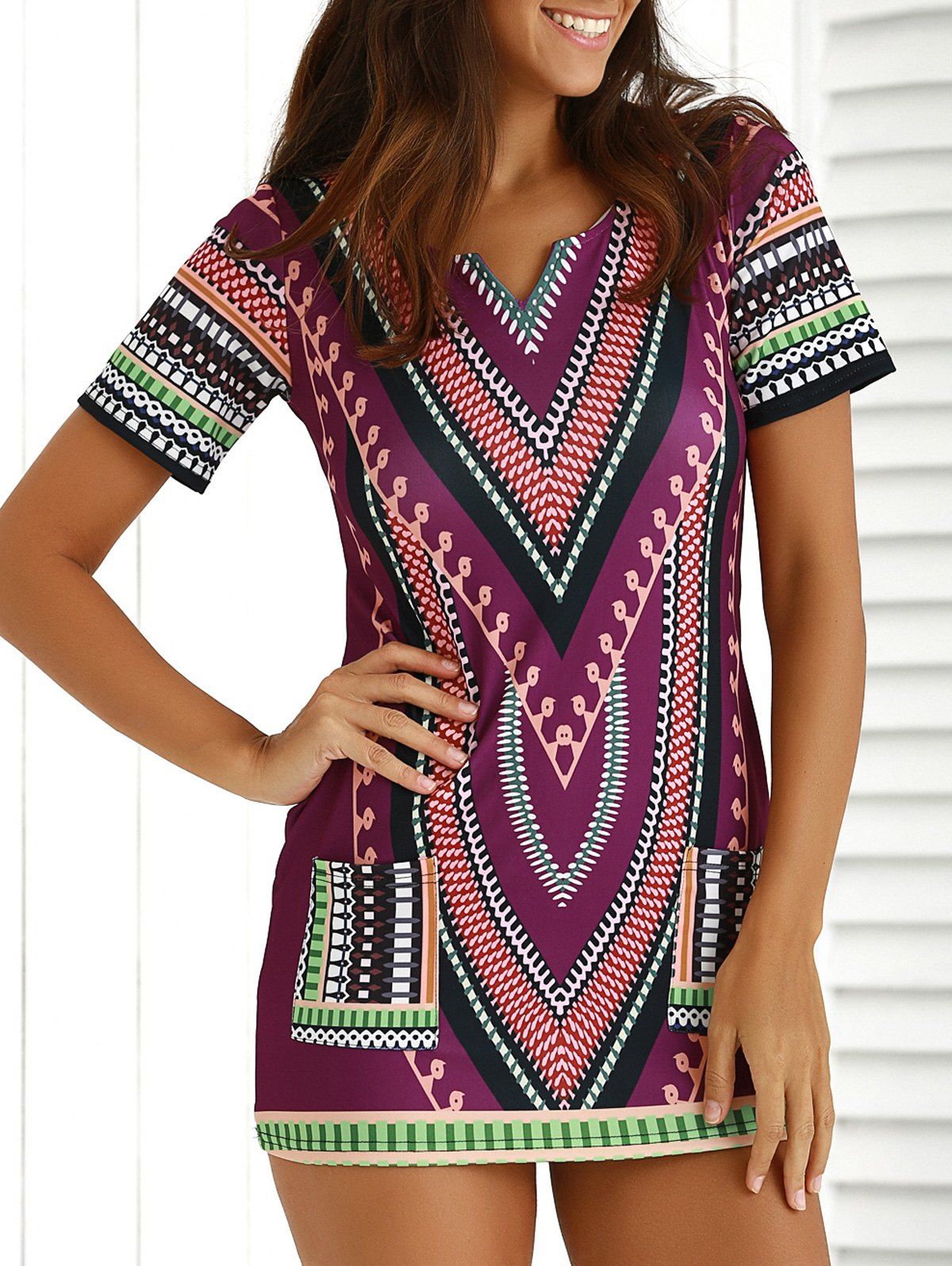 

Chic Short Sleeve Patch Pocket Totem Printed Dress For Women, Colormix