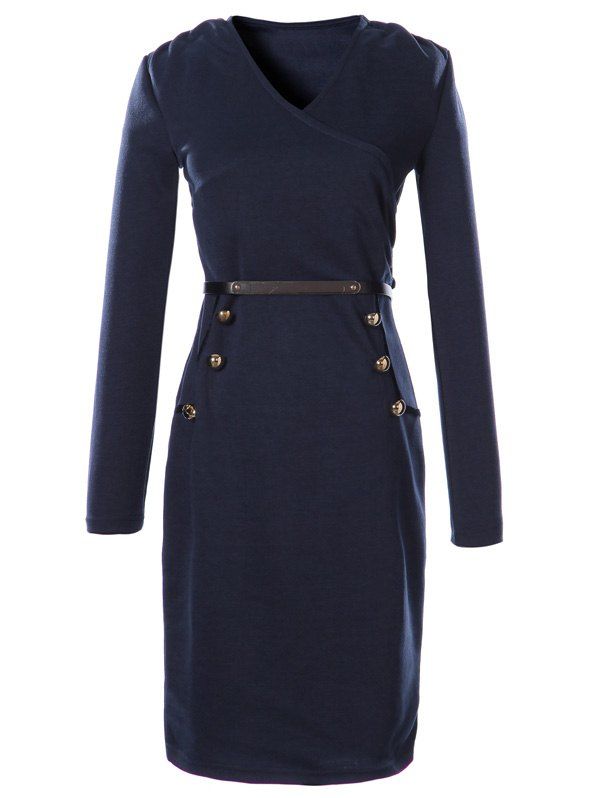 

Stylish Long Sleeve Buttoned Bodycon Dress For Women, Purplish blue