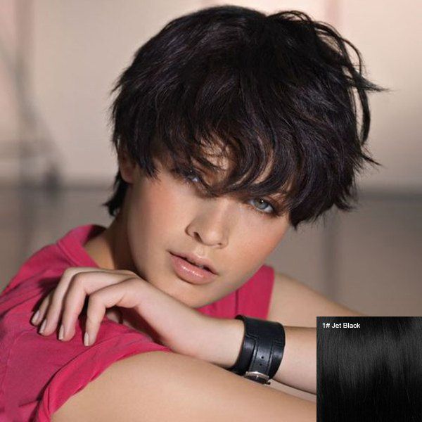 

Women's Virile Short Fluffy Full Bang Human Hair Wig, Jet black