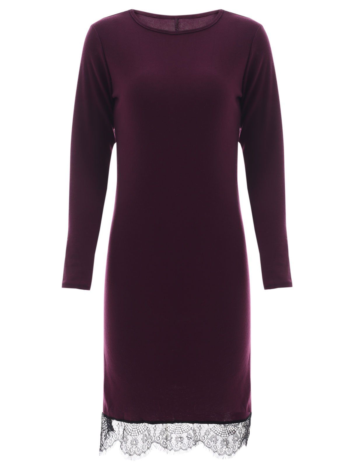 

Long Sleeve Round Neck Lace Spliced Hem Dress, Wine red