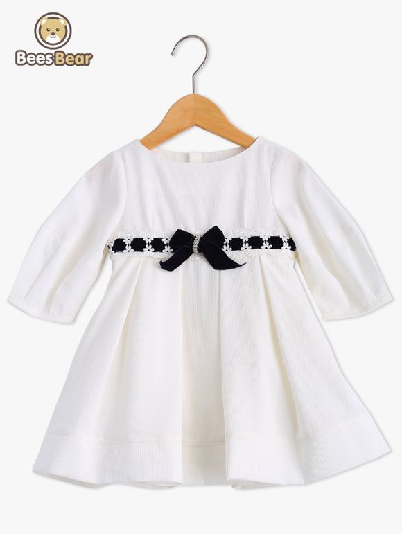 Blanc bowknot Embellish dentelle Splice robe - Blanc CHILD-8