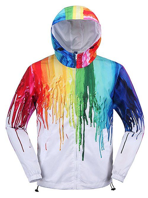Different Color Paint Dripping Zip Up Men's Hooded Jacket - Blanc XL