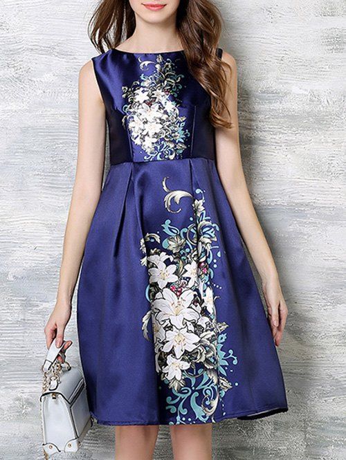Stunning High-Waist Floral Dress - Bleu profond 3XL