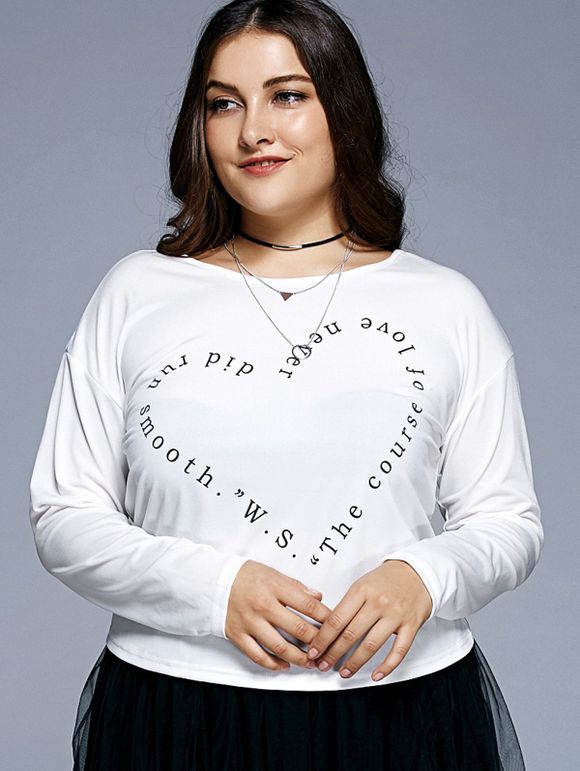 T-shirt oversize coeur à manches longues Forme Motif - Blanc 2XL