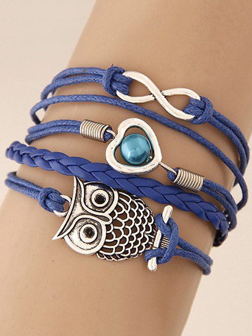 Bracelet Tressé à Coeur et Hibou - Bleu 