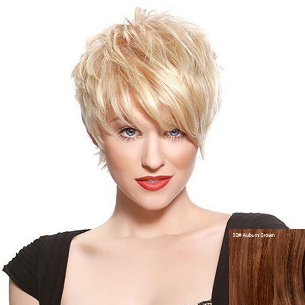 

Fashion Short Fluffy Oblique Bang Women's Human Hair Wig, Auburn brown