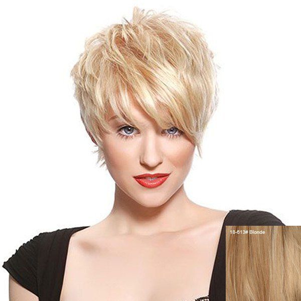 

Fashion Short Fluffy Oblique Bang Women's Human Hair Wig, Blonde