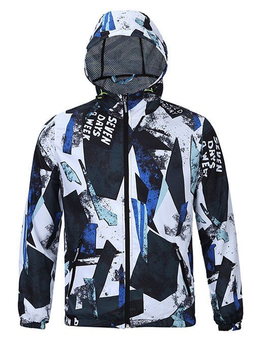 Chic Glass Shards Print Hooded Long Sleeves Jacket For Men - Bleu et Noir 2XL