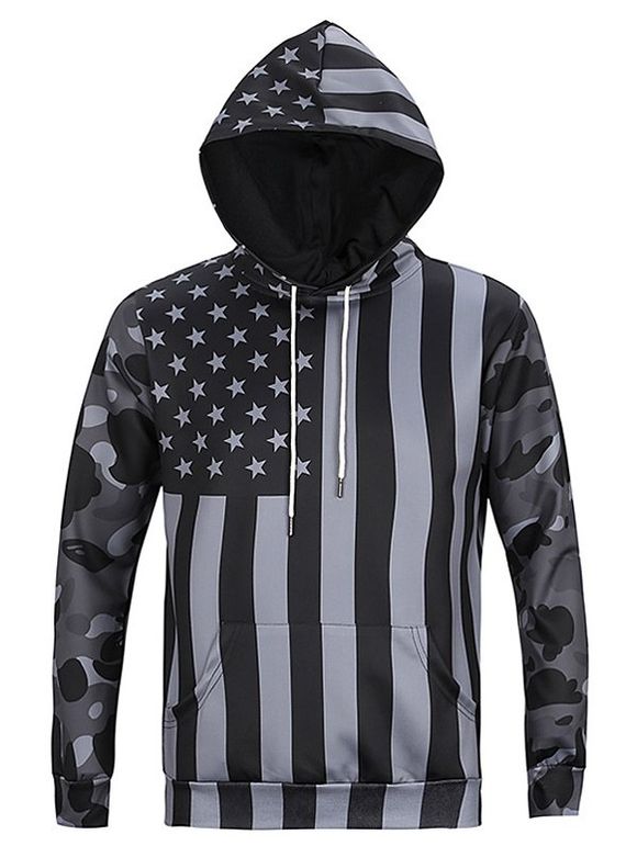 Black and Gray Flag Print Camo Spliced Long Sleeves Hoodie For Men - Noir et Gris 3XL
