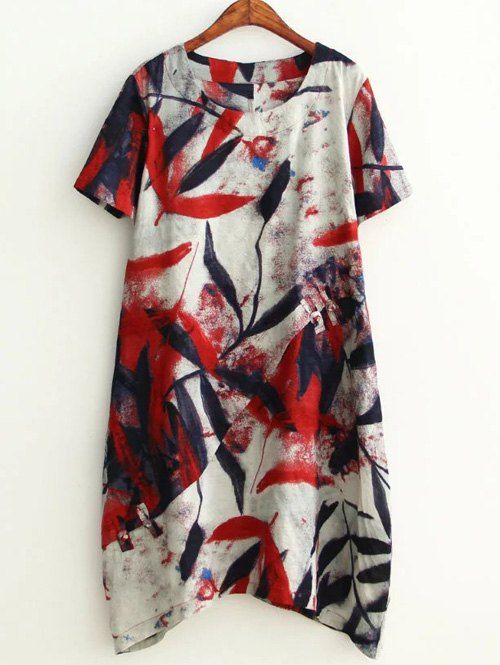 

Plus Size Leaf Ink Painting Baggy Tee Shirt Dress, Red