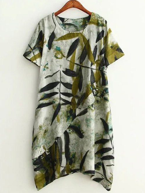 

Plus Size Leaf Ink Painting Baggy Tee Shirt Dress, Green