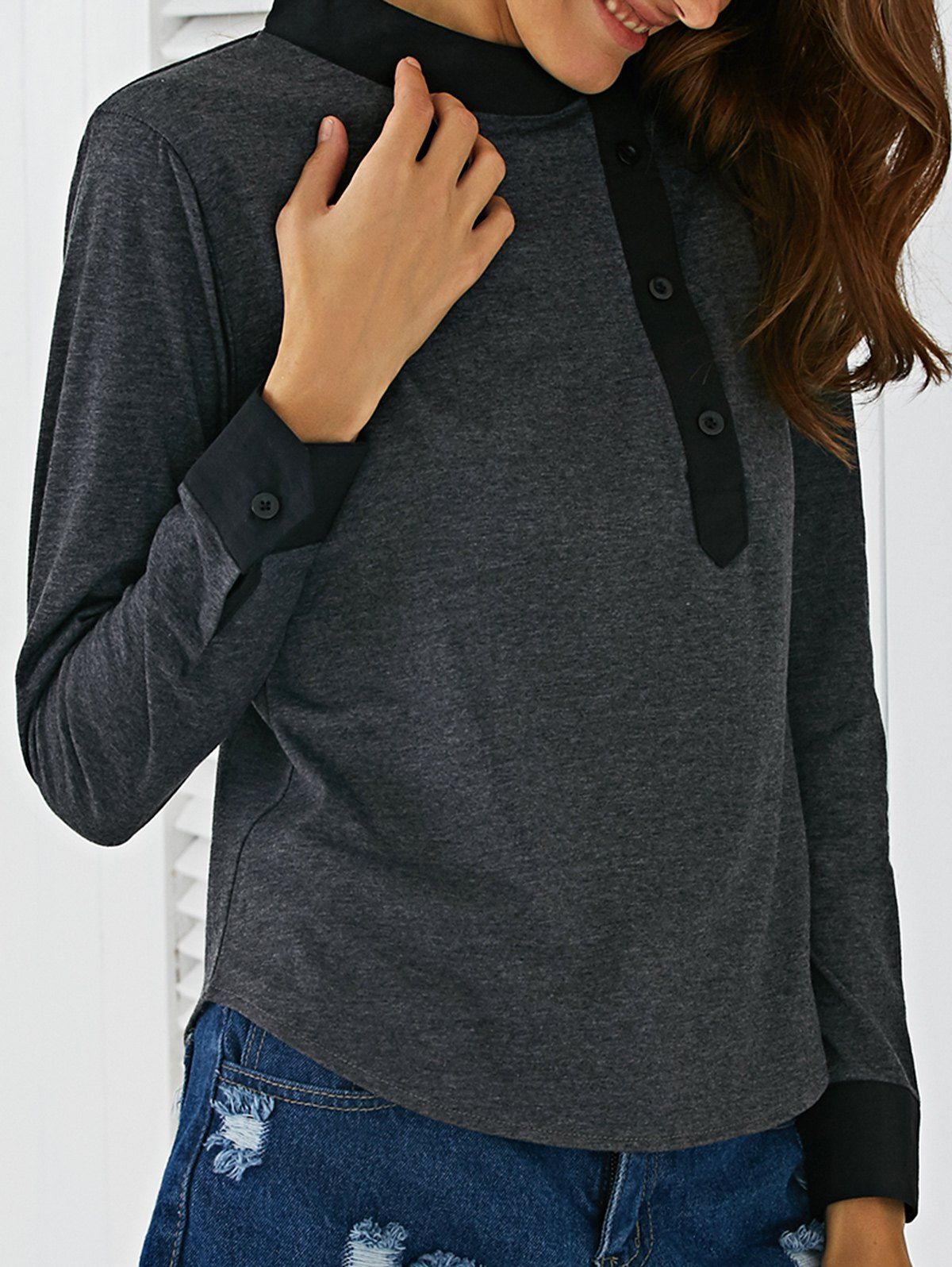 

Shirt Cuff Hit Color Buttoned Blouse, Gray