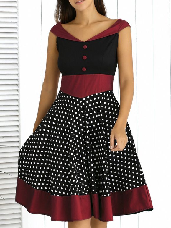 Rétro bouton Style vestimentaire Dot Couleur Spliced ​​Polka avant pour les femmes - Noir 2XL