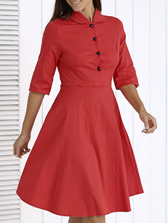 Chic Button-Up Solid Color Dress Flare pour les femmes - Rouge 2XL
