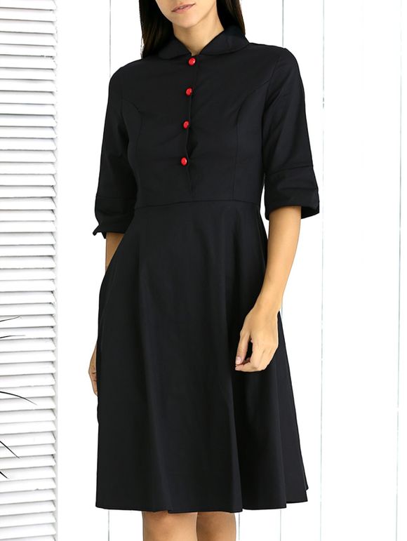 Chic Button-Up Solid Color Dress Flare pour les femmes - Noir XL